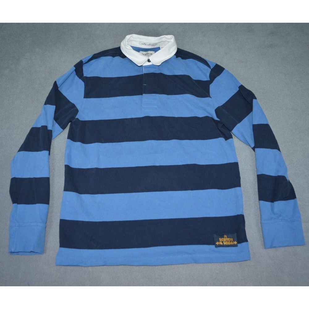 Scotch & Soda 100% Cotton Stripe Long Sleeve Rugby Shirt Size Small Blue